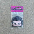 Anime Reyna Anime Character Air Freshener. Purple slick back hair with purple eyes and gold cuff earrings. Angry japanese air freshener hanging from black string. Purple swirl background with impulsive llc retro y2k logo and blackberry label cardboard head card packaging. 