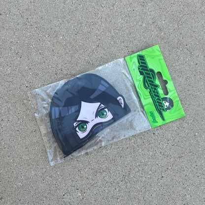 Green Viper air freshener hanging from black string. Japanese anime character with black straight hair and green eyes with toxin mask on.
