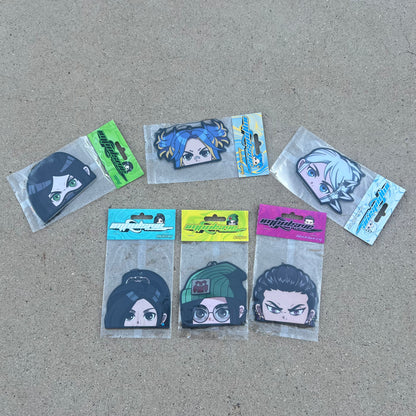 Impulsive LLC Anime Girls Air Freshener pack hanging from black strings. Includes Characters jett, killjoy, neon, reyna, viper, sage. checkered colored cardboard head card packaging