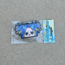 Load image into Gallery viewer, Anime Neon Air Freshener Bubble Gum Scent. Blue with  yellow highlights pony tail with eye brow piercing and nose bandage brown eyes air freshener hanging from black string. Blue and yellow swirl background with impulsive retro y2k logo and bubble gum label cardboard head card packaging.
