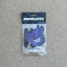 Load image into Gallery viewer, Pokemon Gengar Purple Monster holding Coilover car suspension hanging from black string air freshener. Impulsive LLC logo cardboard head card packaging. Lavender Scent air freshener
