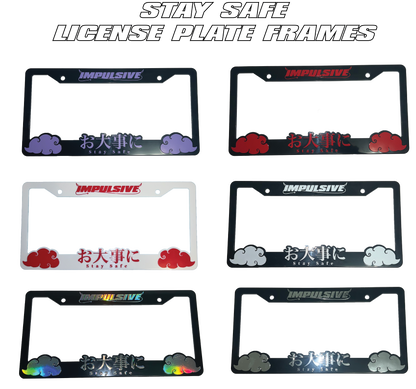 Japanese anime inspired plastic custom License Plate Frame. Top has Impulsive logo and the bottom has japanese characters and english translated to stay safe surrounding with japanese clouds. Asian inspired. White Frame with Red lettering.