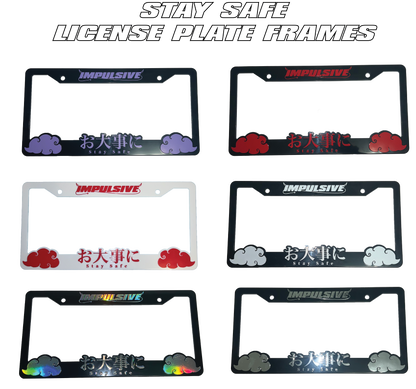 Japanese anime inspired plastic custom License Plate Frame. Top has Impulsive logo and the bottom has japanese characters and english translated to stay safe surrounding with japanese clouds. Asian inspired. Black Frame with Red lettering.