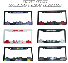 Load image into Gallery viewer, Japanese anime inspired plastic custom License Plate Frame. Top has Impulsive logo and the bottom has japanese characters and english translated to stay safe surrounding with japanese clouds. Asian inspired. Black Frame with rainbow oil slick chrome lettering.
