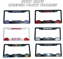 Load image into Gallery viewer, Japanese anime inspired plastic custom License Plate Frame. Top has Impulsive logo and the bottom has japanese characters and english translated to stay safe surrounding with japanese clouds. Asian inspired. Black Frame with Purple lettering.

