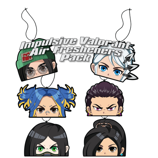 Impulsive LLC Anime Girls Air Freshener pack hanging from black strings. Includes Characters jett, killjoy, neon, reyna, viper, sage