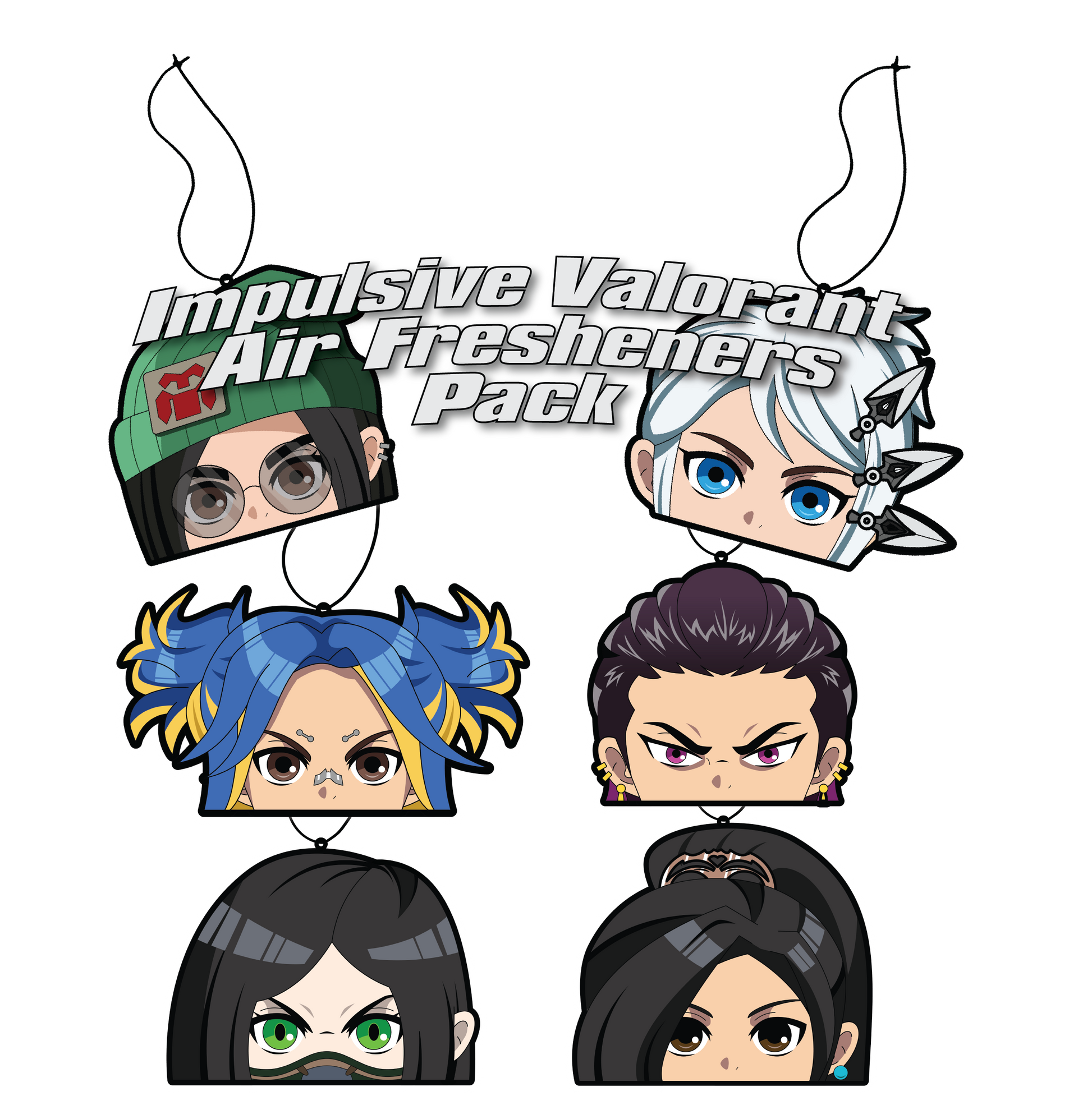 Impulsive LLC Anime Girls Air Freshener pack hanging from black strings. Includes Characters jett, killjoy, neon, reyna, viper, sage