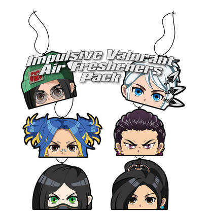 Impulsive LLC Anime Girls Air Freshener pack hanging from black strings. Includes Characters jett, killjoy, neon, reyna, viper, sage