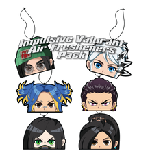 Load image into Gallery viewer, Impulsive LLC Anime Girls Air Freshener pack hanging from black strings. Includes Characters jett, killjoy, neon, reyna, viper, sage
