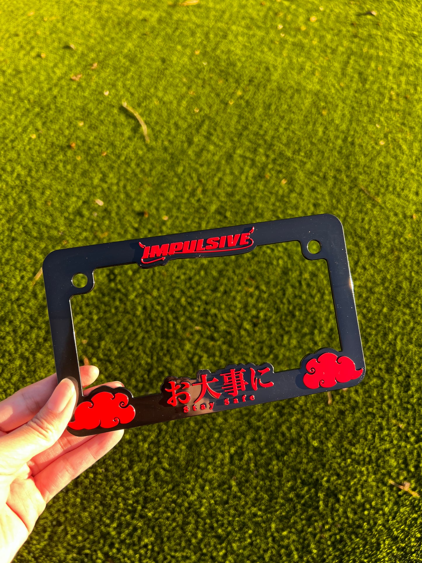 Impulsive red motorcycle license plate frame stay safe
