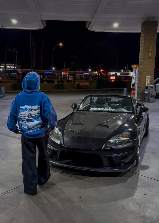 s-chassis drift car oversized blue hoodie design