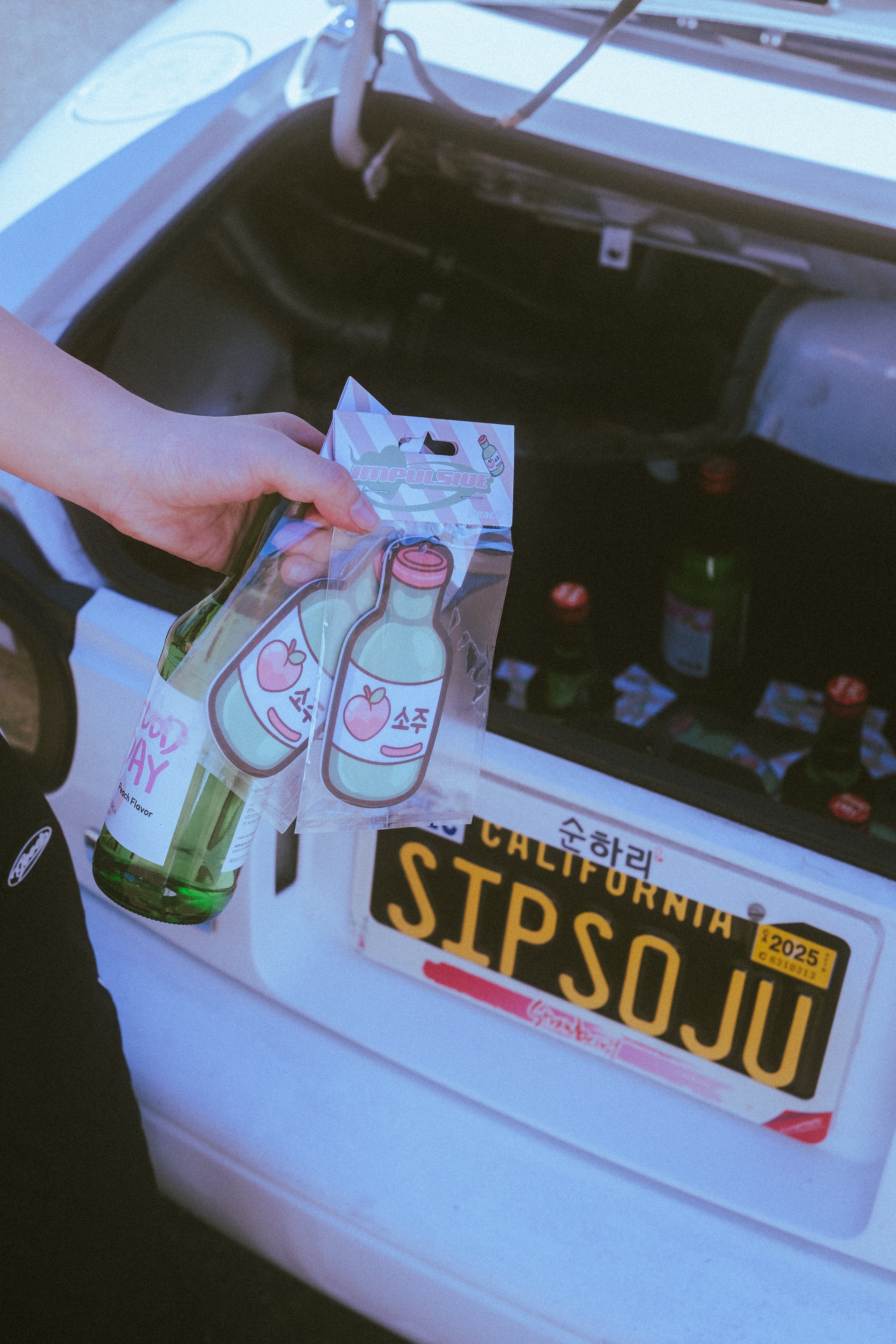 impulsive peach soju air freshener with soju bottle