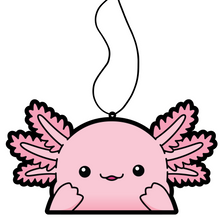 Load image into Gallery viewer, Pink Axolotl surprise expression hanging from black string air freshener.
