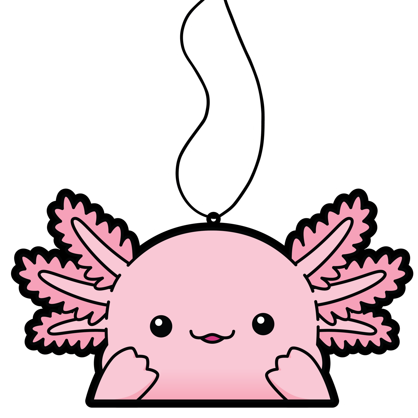 Pink Axolotl surprise expression hanging from black string air freshener.