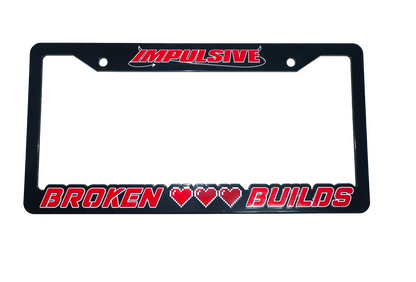Anime Retro Pixel Arcade Video Game inspired plastic custom License Plate Frame. Top has Impulsive logo and the bottom has words "Broken Build" with 3 pixel damaged and full health pixel hearts. Asian inspired. Black Frame with Red and white outlined lettering.