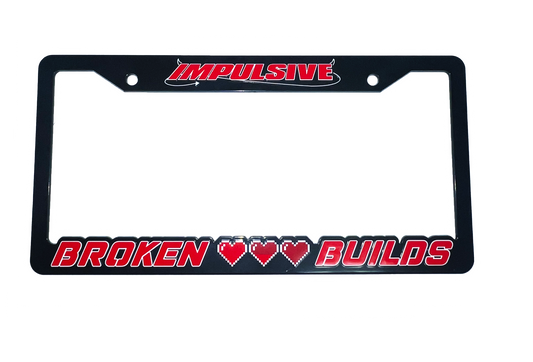 Anime Retro Pixel Arcade Video Game inspired plastic custom License Plate Frame. Top has Impulsive logo and the bottom has words "Broken Build" with 3 pixel damaged and full health pixel hearts. Asian inspired. Black Frame with Red and white outlined lettering.