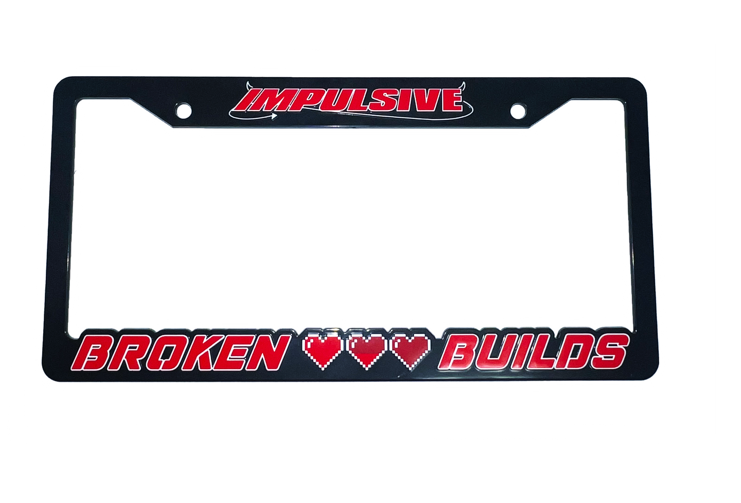 Anime Retro Pixel Arcade Video Game inspired plastic custom License Plate Frame. Top has Impulsive logo and the bottom has words 