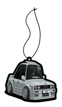 Load image into Gallery viewer, Silver Gray E30 BMW Bimmer chibi modified car hanging from black string air freshener.
