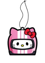 Load image into Gallery viewer, Sanrio Hello kitty racer air freshener hanging from black string. White cat with pink helmet white stripes, red bow anime japanese air freshener. 
