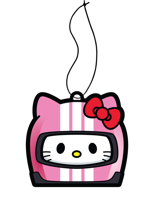 Sanrio Hello kitty racer air freshener hanging from black string. White cat with pink helmet white stripes, red bow anime japanese air freshener. 