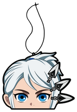 Load image into Gallery viewer, anime Character Jett, white blue shade anime character air freshener. 3 Knives in hair with blue eyes. Wing eyeliner. Character hanging from black string. Midnight ice Black Ice scent.
