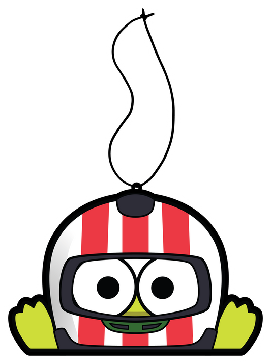 Sanrio Keroppi Green Frog Air freshener hanging from black string, wearing white and red stripe helmet.