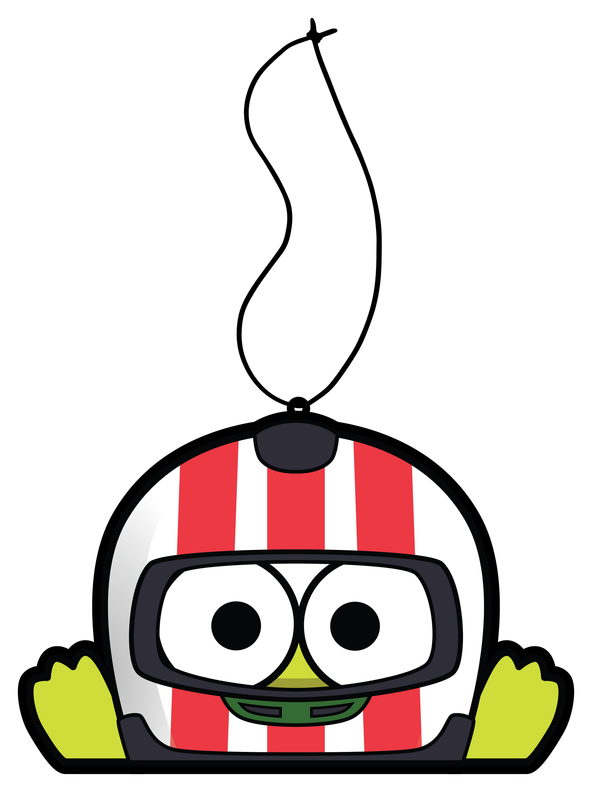 Sanrio Keroppi Green Frog Air freshener hanging from black string, wearing white and red stripe helmet.