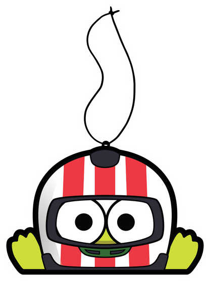 Sanrio Keroppi Green Frog Air freshener hanging from black string, wearing white and red stripe helmet.