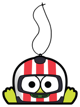 Load image into Gallery viewer, Sanrio Keroppi Green Frog Air freshener hanging from black string, wearing white and red stripe helmet.
