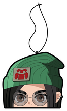 Load image into Gallery viewer, Anime Character Killjoy Lemon Scent Air freshener. Anime character, green beanie with logo, brown eyes with glasses, black hair with cuff earrings on left ear, hanging from black string.
