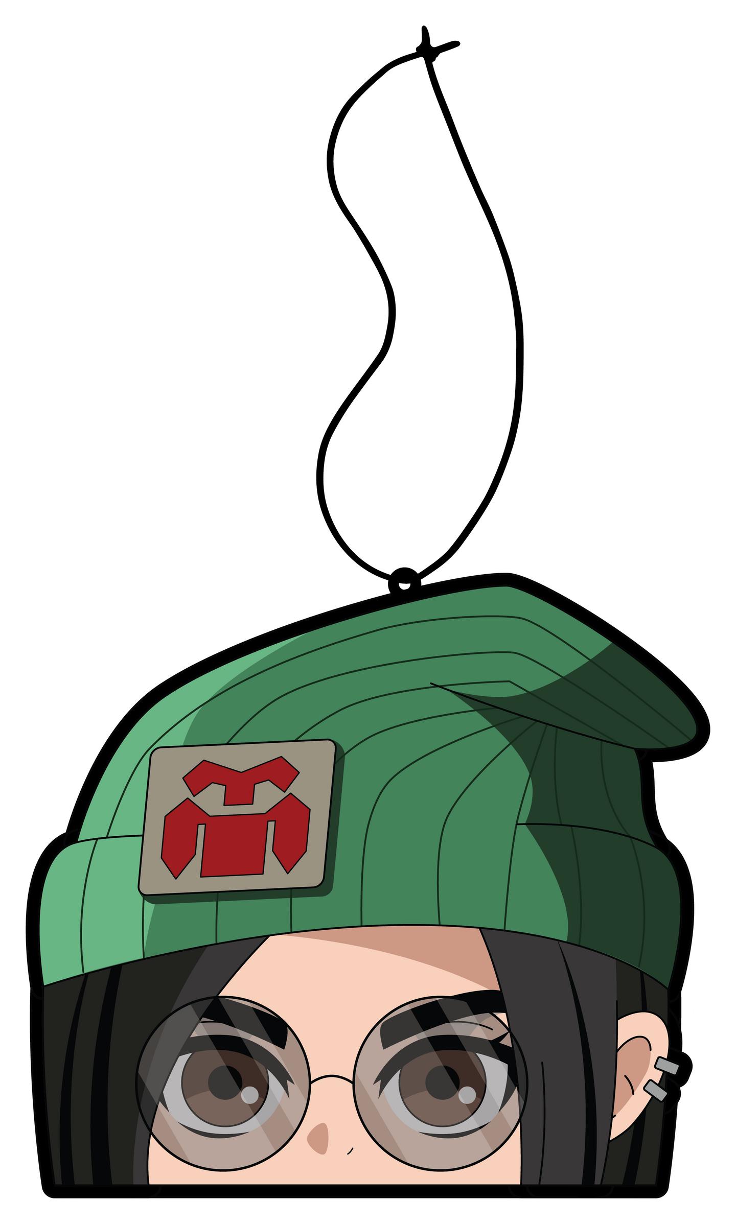 Anime Character Killjoy Lemon Scent Air freshener. Anime character, green beanie with logo, brown eyes with glasses, black hair with cuff earrings on left ear, hanging from black string.