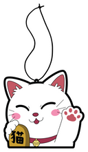 Load image into Gallery viewer, white Asian Chinese lucky cat holding gold with chinese character waving paw air freshener hanging from black string. Original Character
