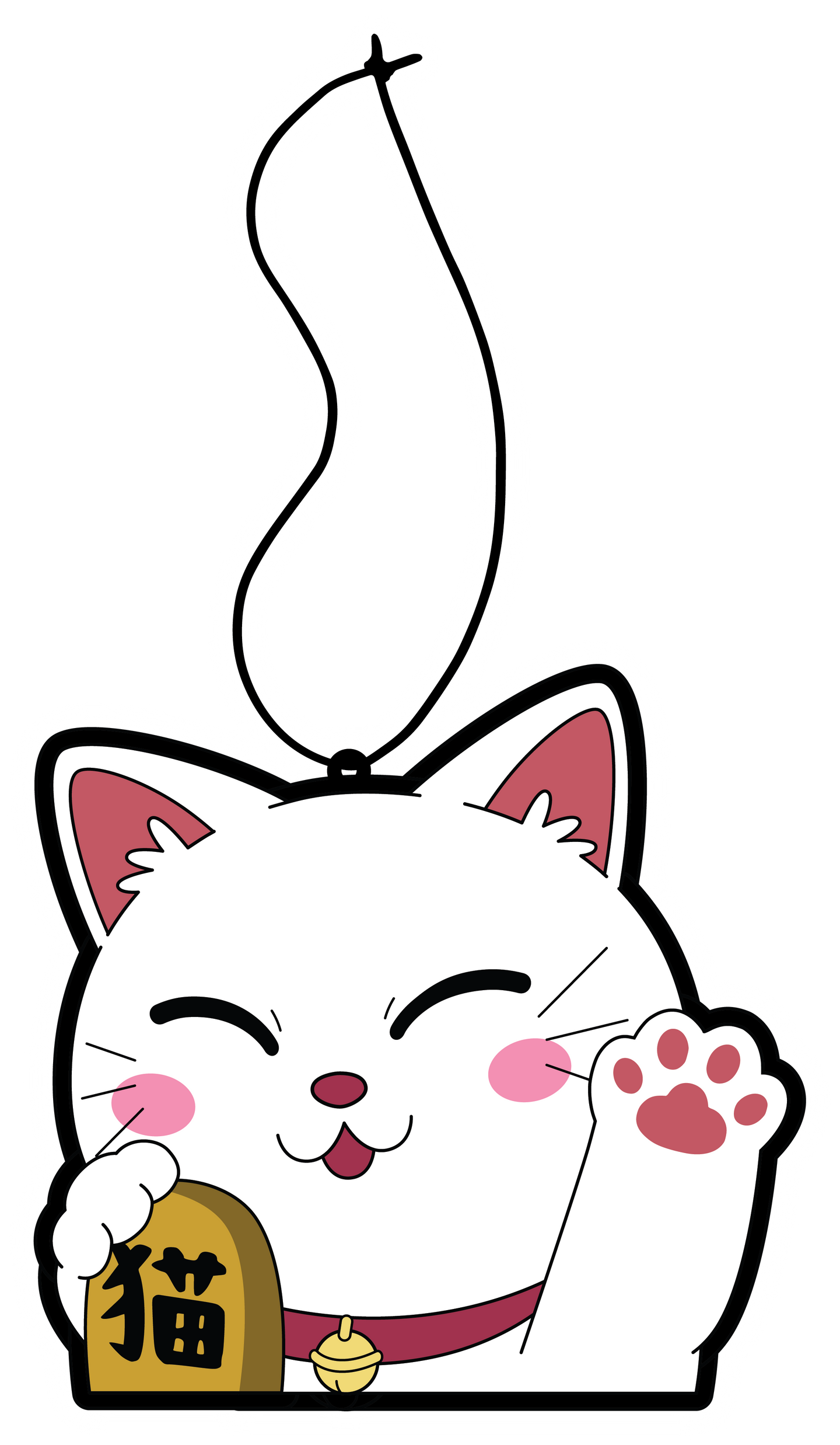 white Asian Chinese lucky cat holding gold with chinese character waving paw air freshener hanging from black string. Original Character