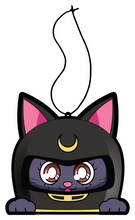 Load image into Gallery viewer,  purple luna cat wearing grey helmet with moon crescent in center air freshener hanging from black string.
