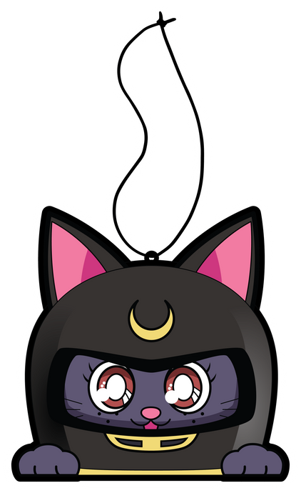  purple luna cat wearing grey helmet with moon crescent in center air freshener hanging from black string.