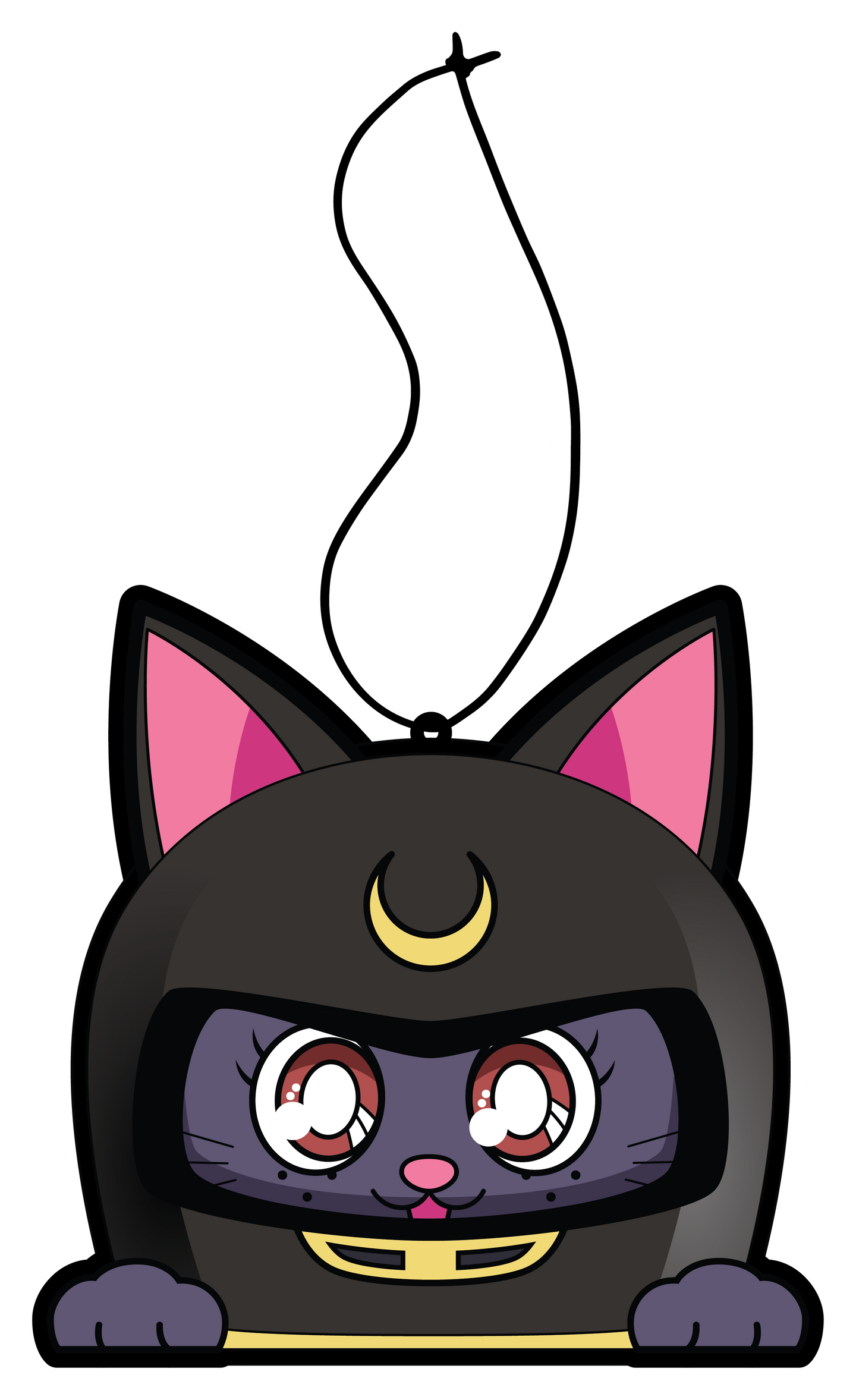  purple luna cat wearing grey helmet with moon crescent in center air freshener hanging from black string.