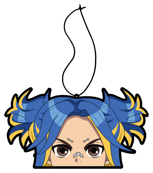 Anime Neon Air Freshener Bubble Gum Scent. Blue with  yellow highlights pony tail with eye brow piercing and nose bandage brown eyes air freshener hanging from black string. 