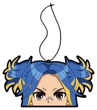 Load image into Gallery viewer, Anime Neon Air Freshener Bubble Gum Scent. Blue with  yellow highlights pony tail with eye brow piercing and nose bandage brown eyes air freshener hanging from black string. 
