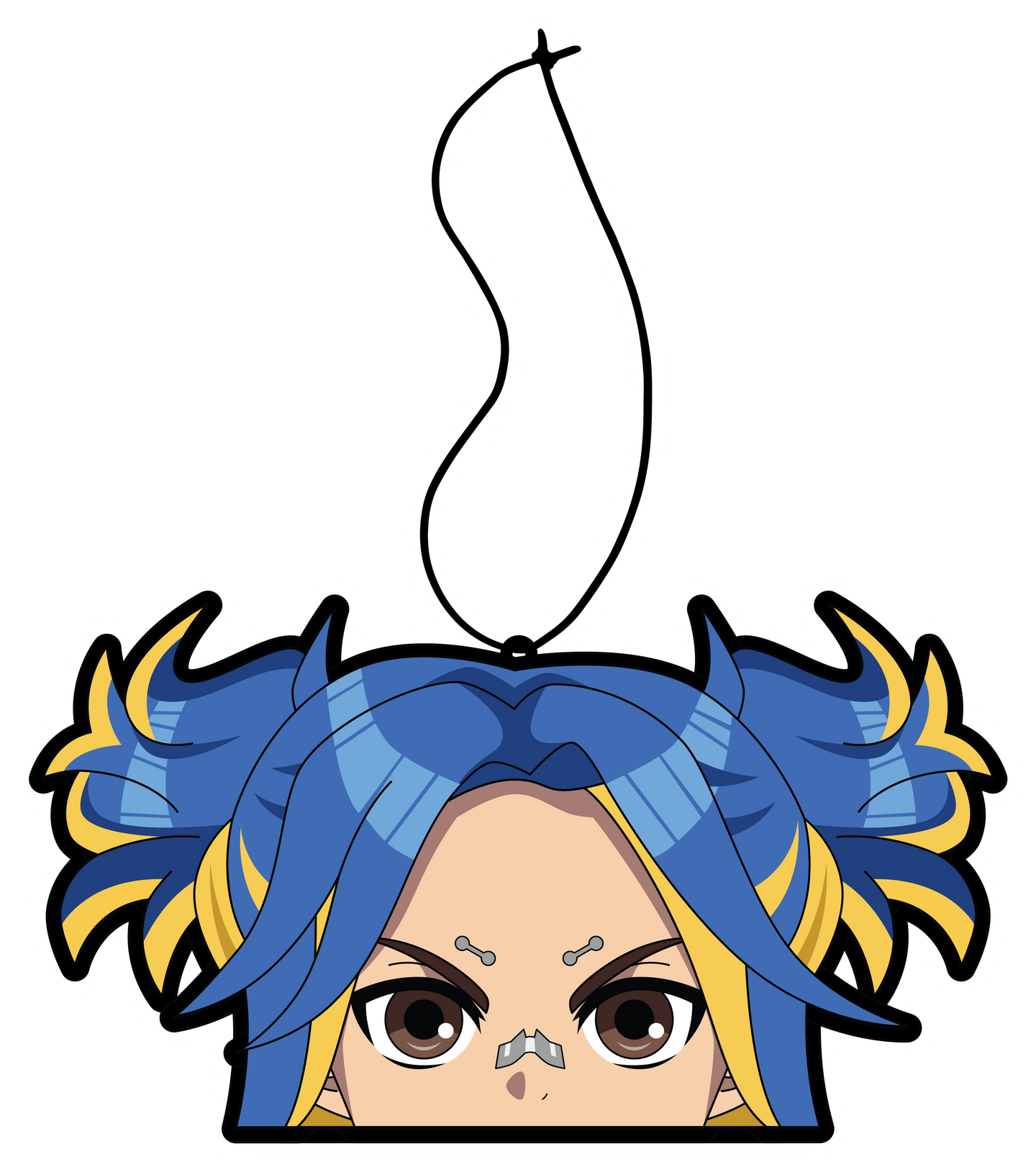 Anime Neon Air Freshener Bubble Gum Scent. Blue with  yellow highlights pony tail with eye brow piercing and nose bandage brown eyes air freshener hanging from black string. 
