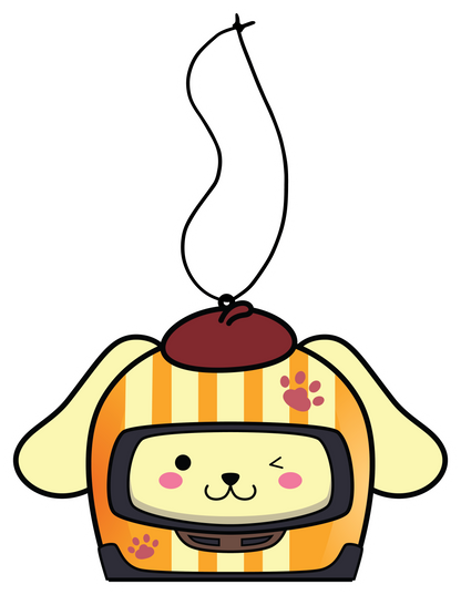 Sanrio Pompompurin Dog Racer Airfreshener hanging from black string. Cream Color dog with orange cream stripe and hat winking with paw prints on helmet.