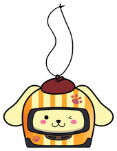 Load image into Gallery viewer, Sanrio Pompompurin Dog Racer Airfreshener hanging from black string. Cream Color dog with orange cream stripe and hat winking with paw prints on helmet.

