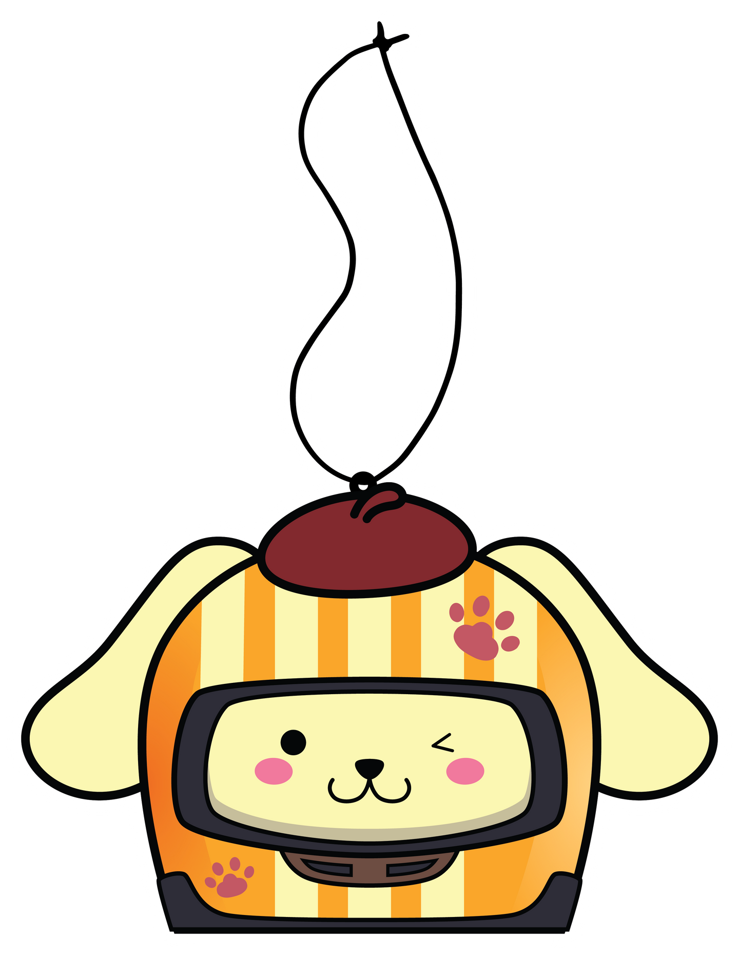 Sanrio Pompompurin Dog Racer Airfreshener hanging from black string. Cream Color dog with orange cream stripe and hat winking with paw prints on helmet.