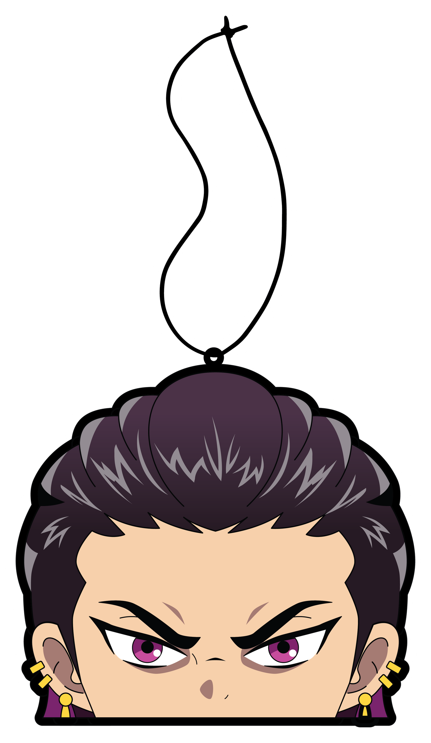 Anime Reyna Anime Character Air Freshener. Purple slick back hair with purple eyes and gold cuff earrings. Angry japanese air freshener hanging from black string.