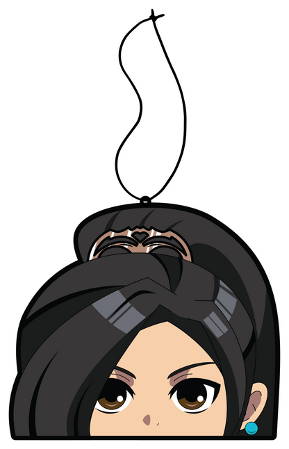 Anime Sage Character air freshener hanging from black string. Asian girl with high pony tail clip, brown eyes and blue pearl earring.