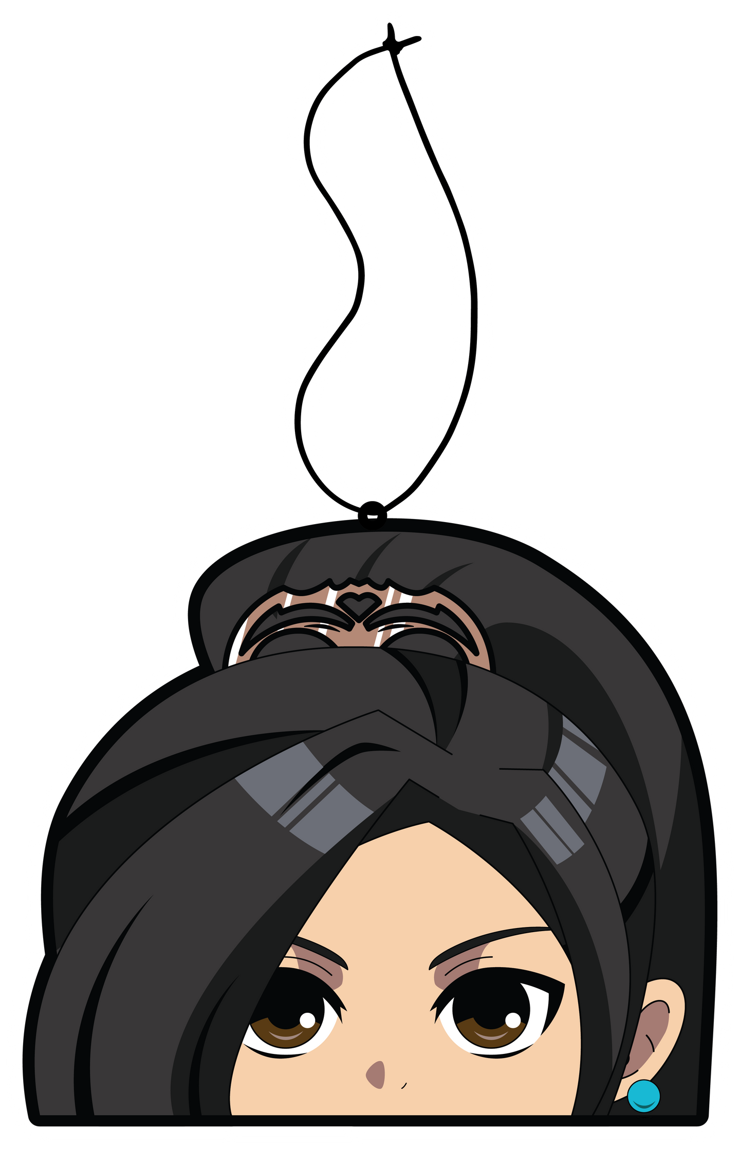 Anime Sage Character air freshener hanging from black string. Asian girl with high pony tail clip, brown eyes and blue pearl earring.