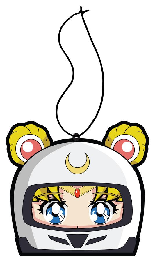 Moon Japanese Anime Character air freshener hanging from black string. Wearing white helmet with yellow moon crescent logo on blue eyed anime girl. blonde spacebuns.