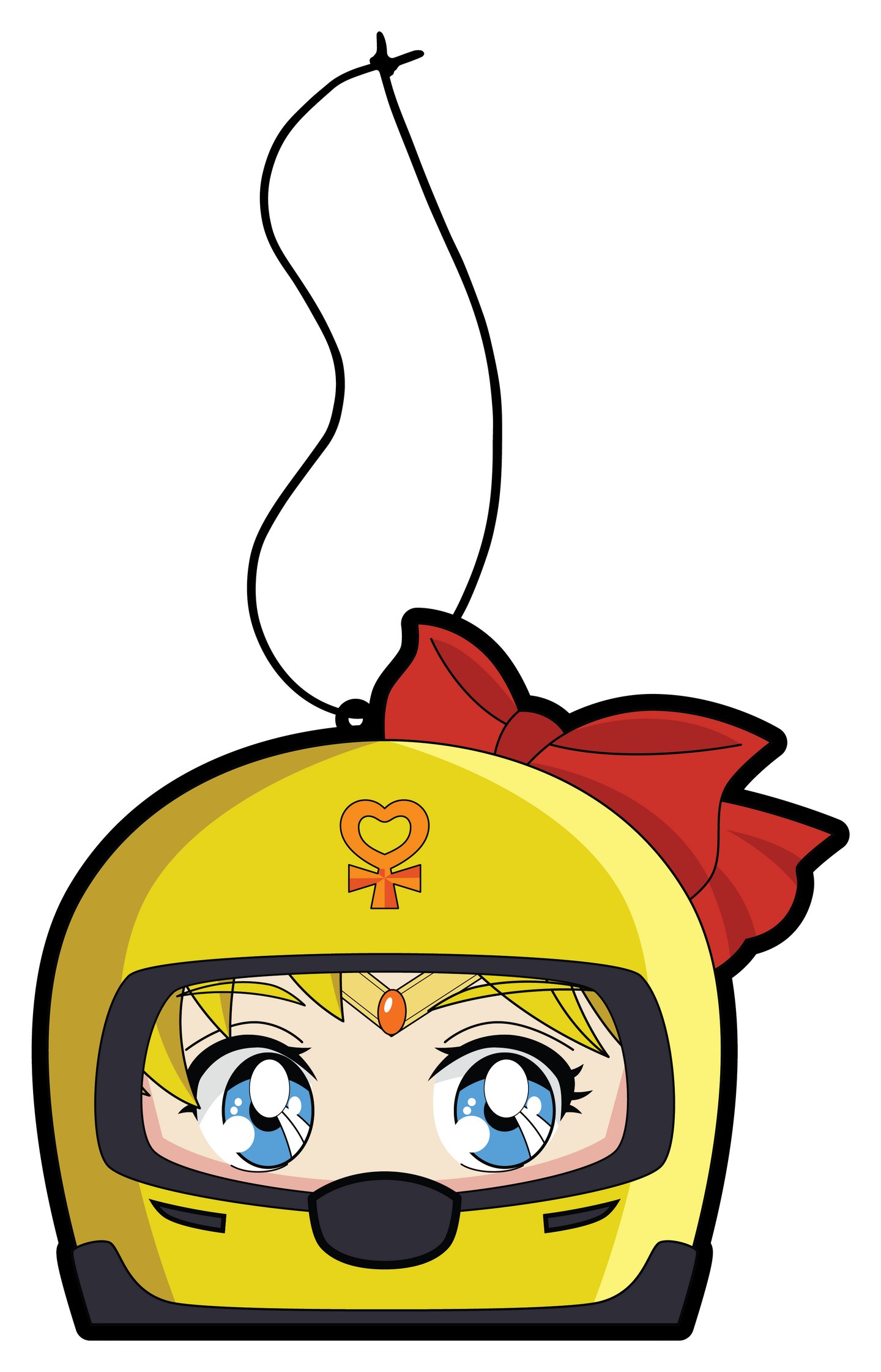 Venus air freshener hanging from black string. Japanese anime character blonde hair blue eyes wearing yellow helmet with pendent logo and red bow.