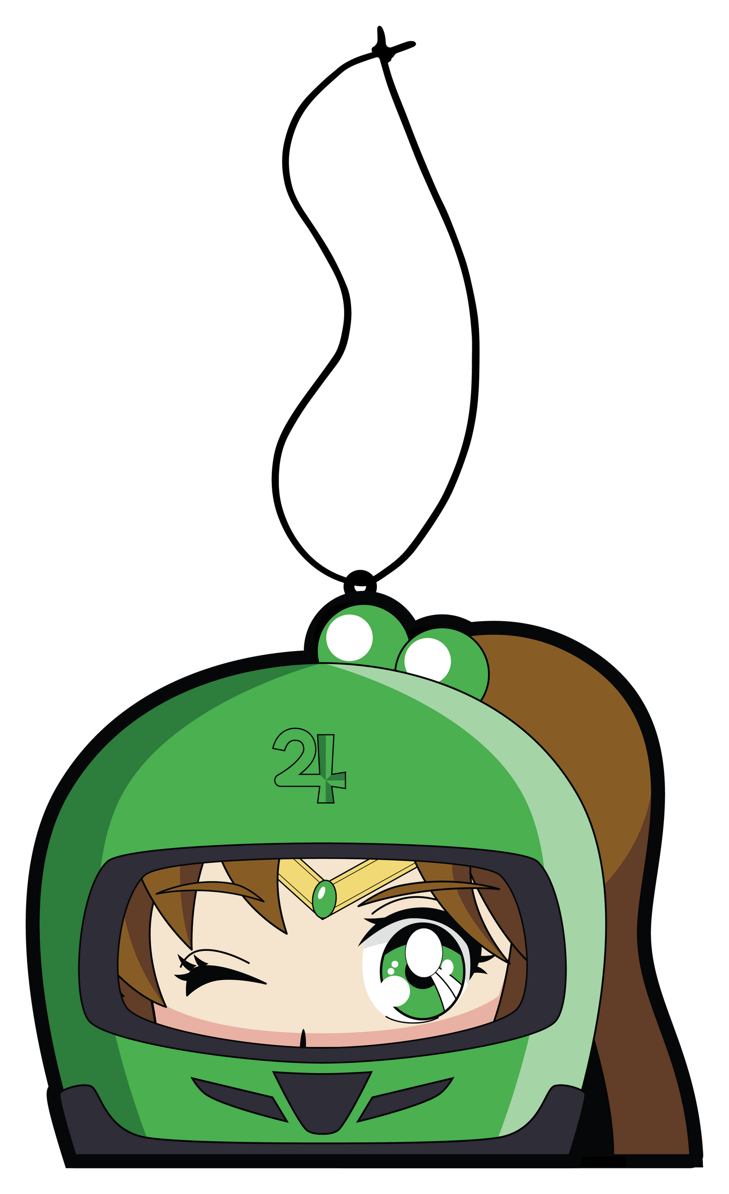 Anime Jupiter air freshener hanging from black string. Green helmet with brown hair pony tail anime japanese girl character with green eyes.