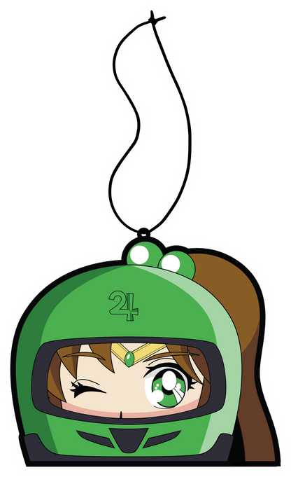 Anime Jupiter air freshener hanging from black string. Green helmet with brown hair pony tail anime japanese girl character with green eyes.