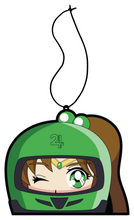 Load image into Gallery viewer, Anime Jupiter air freshener hanging from black string. Green helmet with brown hair pony tail anime japanese girl character with green eyes.
